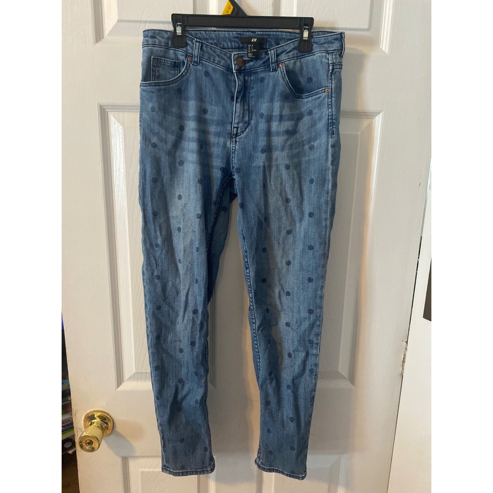 HM Polka Dot Skinny Jeans Womens 4 Blue Denim Mid Rise Printed Pants